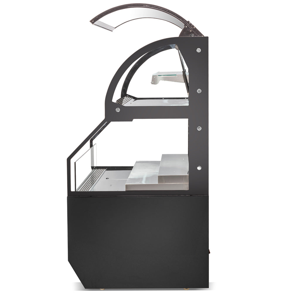 The Marchia MSTAR48 48" black dual service open air display case merchandiser features adjustable shelves, energy-efficient LED lighting, and a spacious design for easy access and display of chilled products.