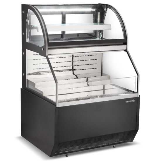 The Marchia MSTAR36 36" black dual service open air display case merchandiser offers adjustable shelves, energy-efficient LED lighting, and a sleek design for easy access and organized display of chilled products.