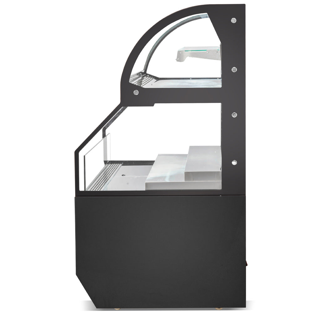 The Marchia MSTAR48 48" black dual service open air display case merchandiser features adjustable shelves, energy-efficient LED lighting, and a spacious design for easy access and display of chilled products.