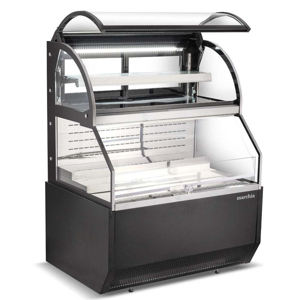 The Marchia MSTAR48 48" black dual service open air display case merchandiser features adjustable shelves, energy-efficient LED lighting, and a spacious design for easy access and display of chilled products.