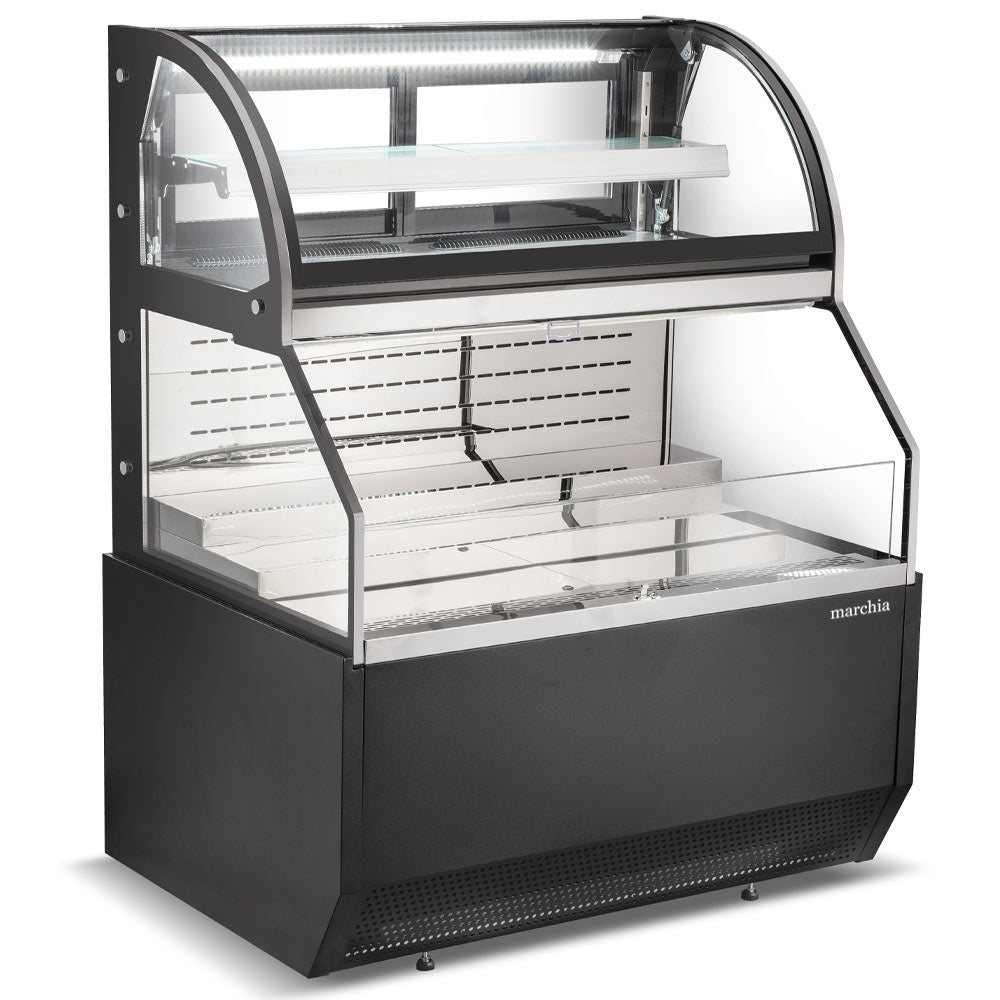The Marchia MSTAR48 48" black dual service open air display case merchandiser features adjustable shelves, energy-efficient LED lighting, and a spacious design for easy access and display of chilled products.