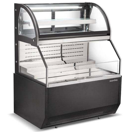 The Marchia MSTAR48 48" black dual service open air display case merchandiser features adjustable shelves, energy-efficient LED lighting, and a spacious design for easy access and display of chilled products.