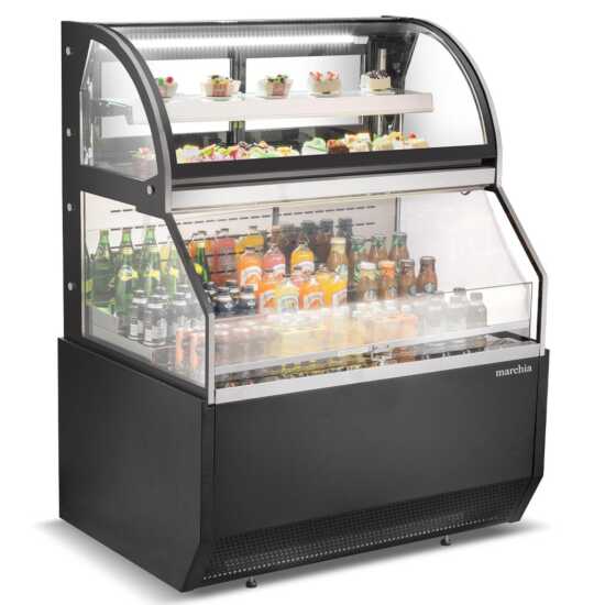 The Marchia MSTAR48 48" black dual service open air display case merchandiser features adjustable shelves, energy-efficient LED lighting, and a spacious design for easy access and display of chilled products.