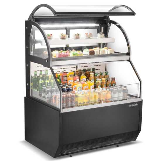 The Marchia MSTAR36 36" black dual service open air display case merchandiser offers adjustable shelves, energy-efficient LED lighting, and a sleek design for easy access and organized display of chilled products.