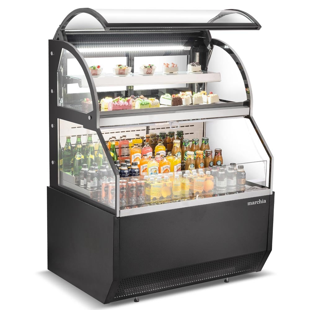 The Marchia MSTAR48 48" black dual service open air display case merchandiser features adjustable shelves, energy-efficient LED lighting, and a spacious design for easy access and display of chilled products.