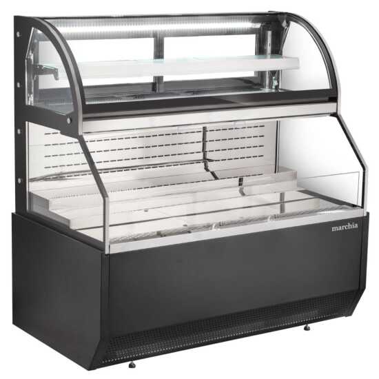 The Marchia MSTAR60 60" black dual service open air display case merchandiser offers a spacious design with adjustable shelves, energy-efficient LED lighting, and easy access for displaying chilled products.