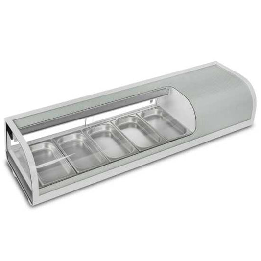 Marchia MSU140S 46" Refrigerated 4-Pan Sushi Display Case, Silver, designed to keep sushi and sashimi fresh and attractively displayed in restaurants, sushi bars, and food service establishments.