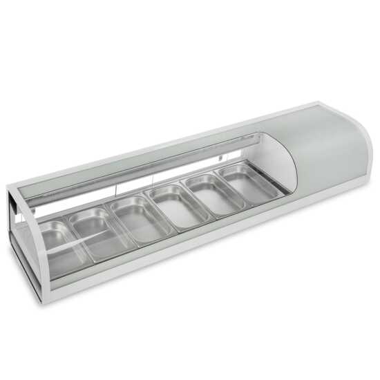 Marchia MSU160S 60" Refrigerated 6-Pan Sushi Display Case, Silver, ideal for keeping sushi and sashimi fresh and visually appealing in restaurants, sushi bars, and food service settings.