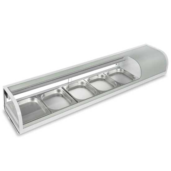 Marchia MSU170S 71" Refrigerated 5-Pan Sushi Display Case, Silver, designed for keeping sushi and sashimi fresh and beautifully displayed in restaurants, sushi bars, and catering services.