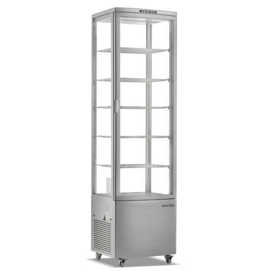 Marchia MVS300 Silver Vertical Standing Refrigerated Cake Display Case with a sleek, modern design. Ideal for showcasing cakes and desserts with optimal refrigeration and visibility.