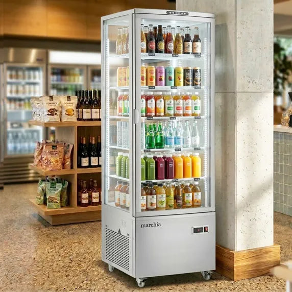 Marchia MVS300 Silver Vertical Standing Refrigerated Cake Display Case with a sleek, modern design. Ideal for showcasing cakes and desserts with optimal refrigeration and visibility.