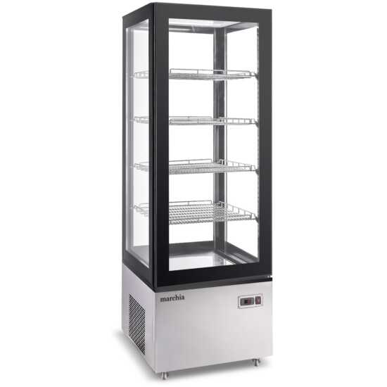 MVS500 Vertical Standing Refrigerated Cake Display Case in stainless steel. Features a modern design for showcasing and keeping cakes and desserts fresh with efficient refrigeration.