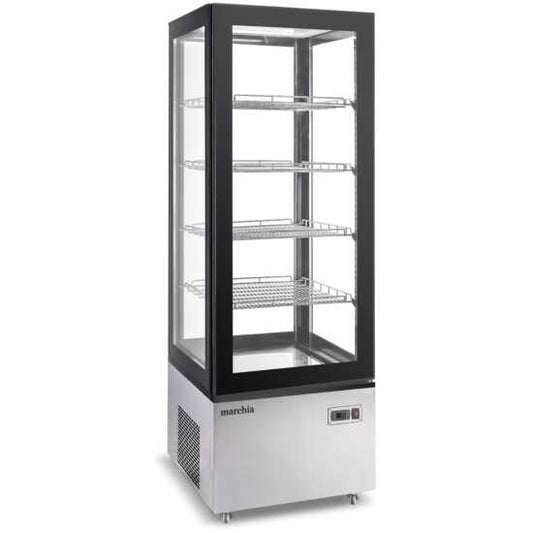 MVS500 Vertical Standing Refrigerated Cake Display Case in stainless steel. Features a modern design for showcasing and keeping cakes and desserts fresh with efficient refrigeration.