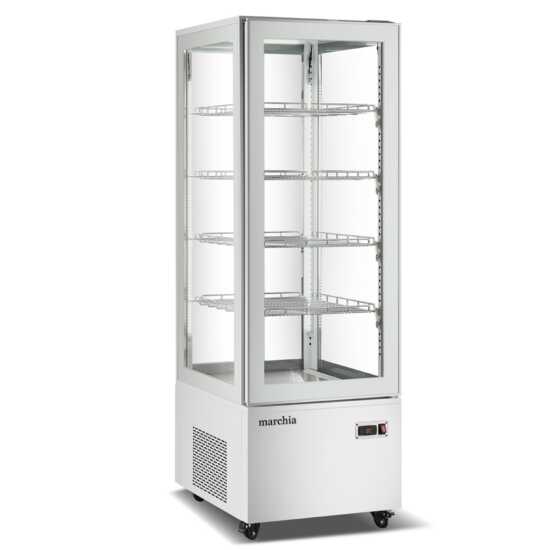 Marchia MVS500-W Vertical Standing Refrigerated Cake Display Case in white. Features a sleek design for showcasing and preserving cakes and desserts with efficient cooling.