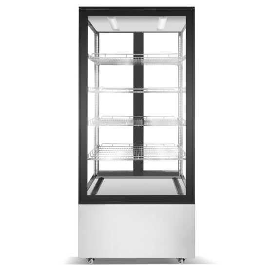 Marchia MVS800 Double Door Vertical Standing Refrigerated Cake Display Case in stainless steel. Features double doors and a spacious design for showcasing and preserving cakes and desserts.