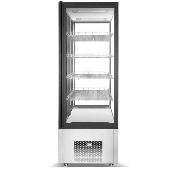 Marchia MVS800 Double Door Vertical Standing Refrigerated Cake Display Case in stainless steel. Features double doors and a spacious design for showcasing and preserving cakes and desserts.