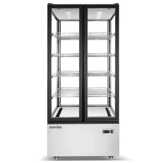 Marchia MVS800 Double Door Vertical Standing Refrigerated Cake Display Case in stainless steel. Features double doors and a spacious design for showcasing and preserving cakes and desserts.