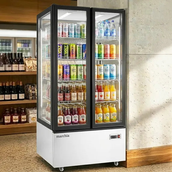 Marchia MVS800 Double Door Vertical Standing Refrigerated Cake Display Case in stainless steel. Features double doors and a spacious design for showcasing and preserving cakes and desserts.