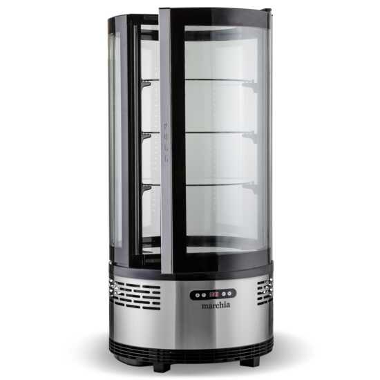Marchia MVSR100 Countertop Refrigerated Curved Glass Cake Display Case. Features a compact design with curved glass for showcasing and keeping cakes and desserts cool and visible