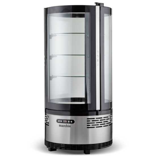 Marchia MVSR100 Countertop Refrigerated Curved Glass Cake Display Case. Features a compact design with curved glass for showcasing and keeping cakes and desserts cool and visible