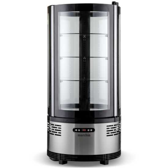 Marchia MVSR100 Countertop Refrigerated Curved Glass Cake Display Case. Features a compact design with curved glass for showcasing and keeping cakes and desserts cool and visible