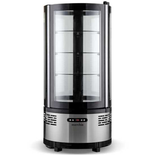 Marchia MVSR100 Countertop Refrigerated Curved Glass Cake Display Case. Features a compact design with curved glass for showcasing and keeping cakes and desserts cool and visible