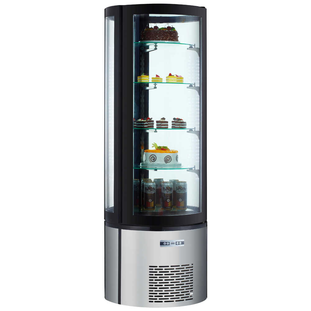 Marchia MVSR400 Refrigerated Curved Glass Cake Display Case. Features a spacious design with curved glass for elegant, efficient showcasing and cooling of cakes and desserts.