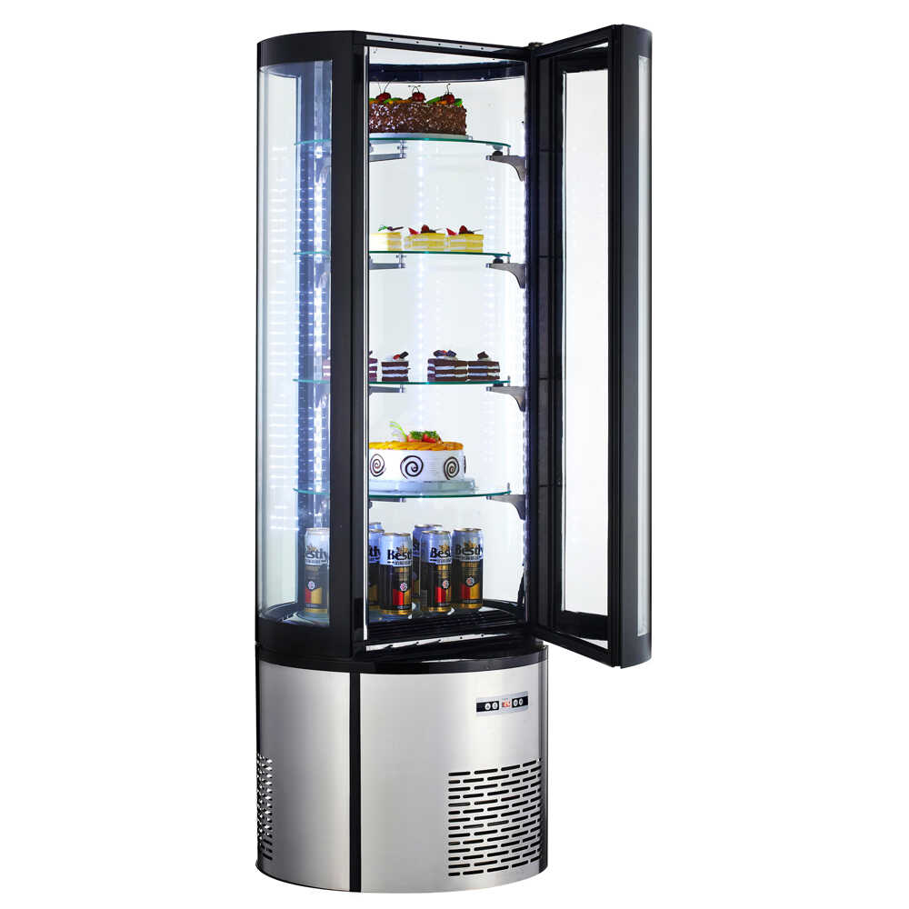 Marchia MVSR400 Refrigerated Curved Glass Cake Display Case. Features a spacious design with curved glass for elegant, efficient showcasing and cooling of cakes and desserts.