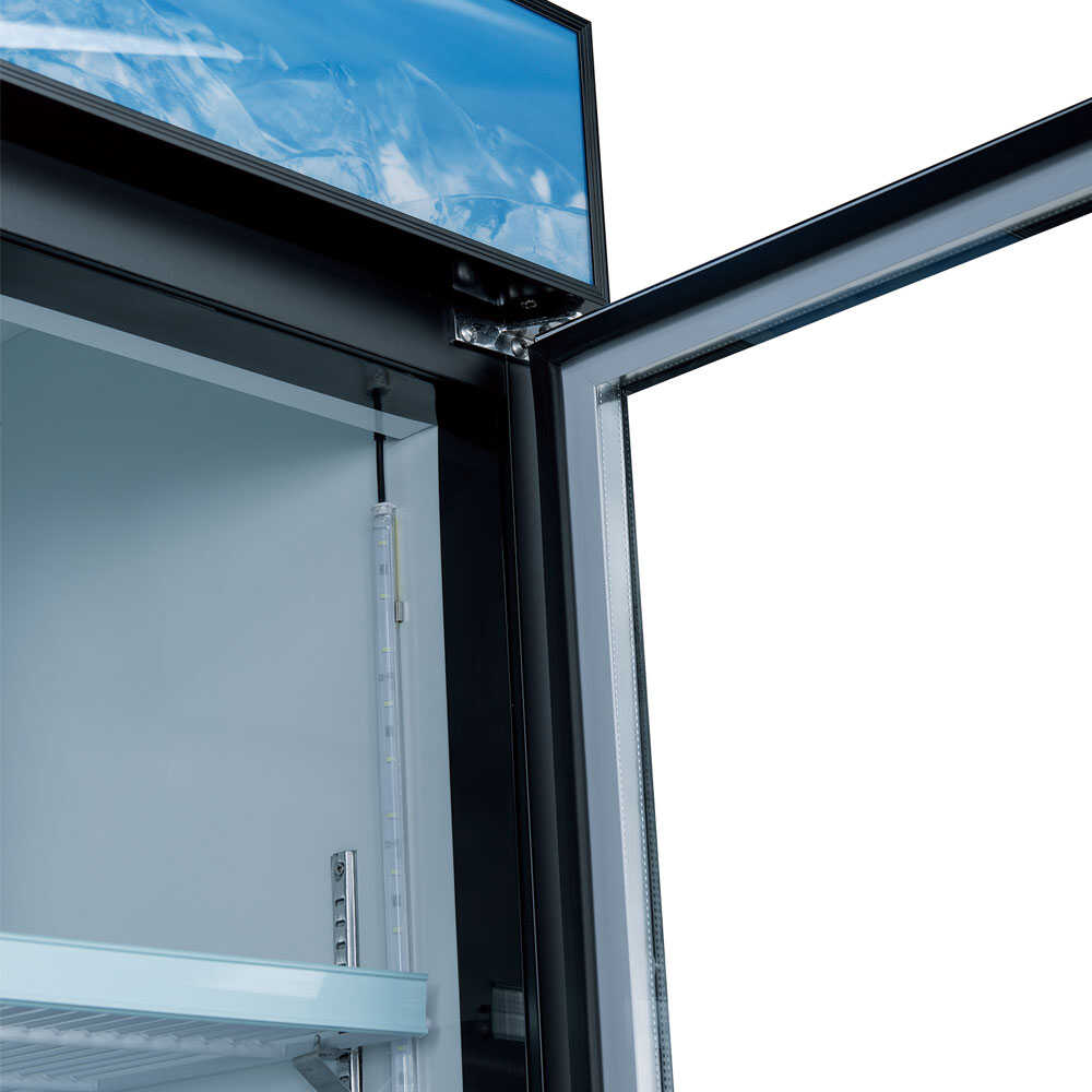 Coldline D12-B 27-inch glass door merchandiser freezer with LED lighting and a black exterior. This unit features a single glass door that provides clear visibility and easy access to frozen products, making it ideal for retail and foodservice settings. The LED lighting enhances the display of merchandise with bright and even illumination. The modern black finish complements any commercial environment, while the freezer design offers efficient storage and high visibility for frozen goods.