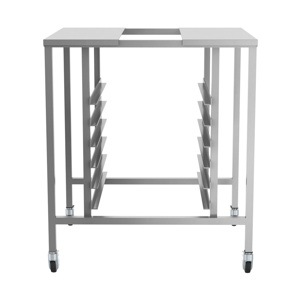 Prepline stainless steel oven stand featuring cooling racks and casters for easy mobility, designed for efficient kitchen organization.