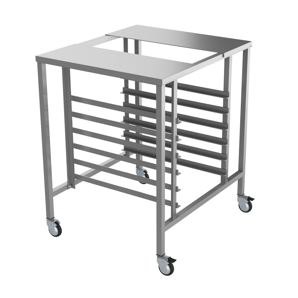 Prepline stainless steel oven stand featuring cooling racks and casters for easy mobility, designed for efficient kitchen organization.