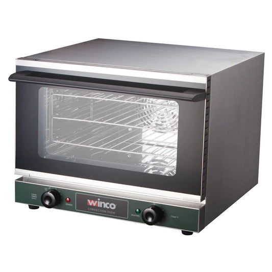  Quarter-Size Countertop Convection Oven 1/Pack features a spacious interior with (3) chrome wire shelves that are perfectly sized for cooking small batches of pizza, baked goods, and warm sandwiches. Thanks to its stainless steel construction, this highly durable, easy to clean countertop oven can tackle the toughest cooking needs while its dual pane tempered glass door allows you to monitor the baking progress. 