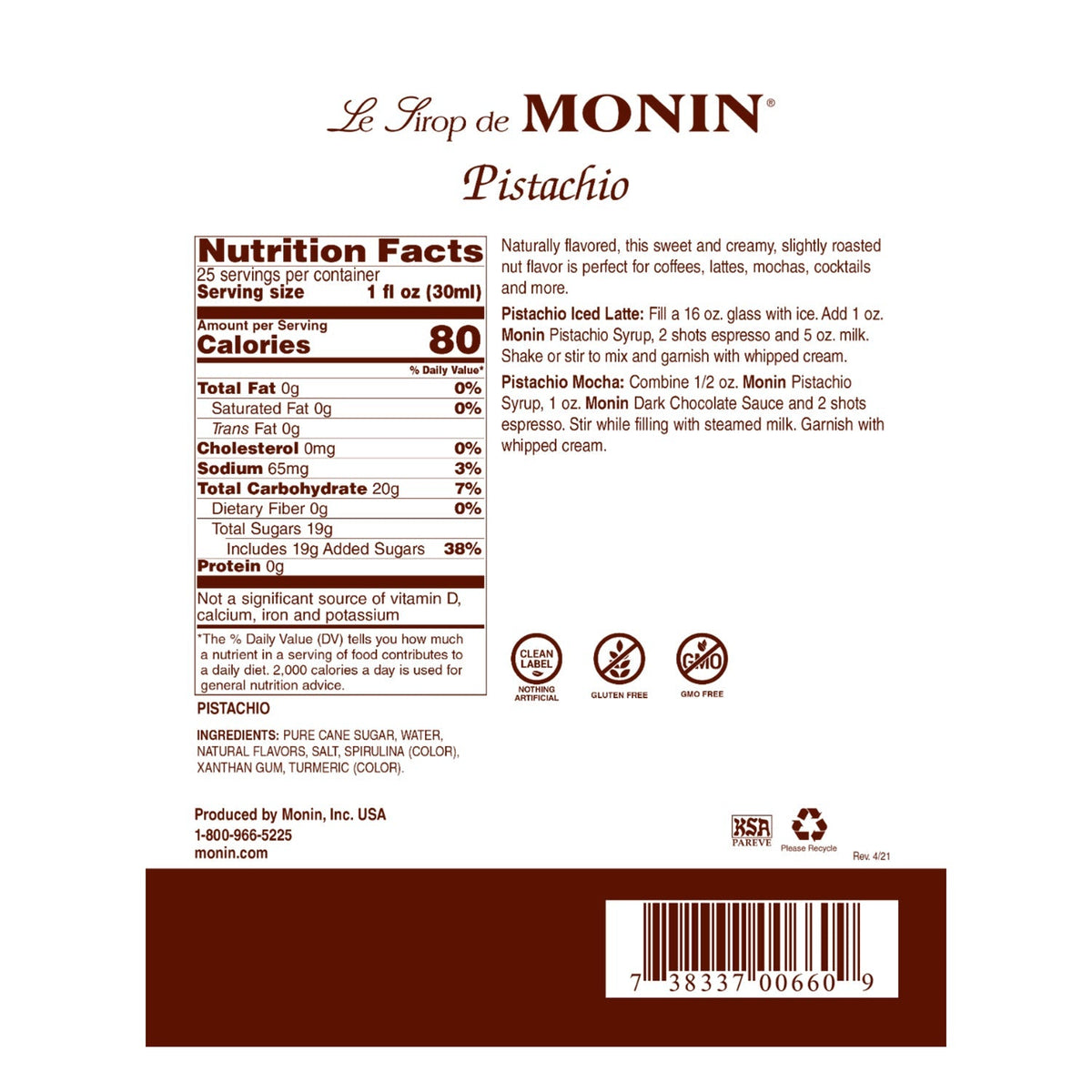Monin Pistachio Syrup 750 mL Bottle additional product image