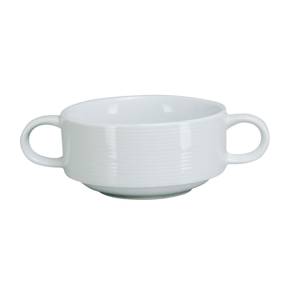 Yanco Bouillon Cup With Handle PA-404 is a durable and elegant choice for serving soups, bouillons, and broths. Designed with a compact, stackable construction, it is perfect for kitchens with limited storage. The super white porcelain finish enhances food presentation, while the sturdy material ensures long-lasting durability. Featuring small handles for easy handling, this cup is dishwasher, oven, and microwave safe, making it a practical addition to any foodservice establishment.