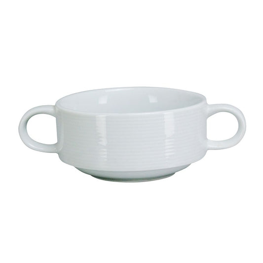 Yanco Bouillon Cup With Handle PA-404 is a durable and elegant choice for serving soups, bouillons, and broths. Designed with a compact, stackable construction, it is perfect for kitchens with limited storage. The super white porcelain finish enhances food presentation, while the sturdy material ensures long-lasting durability. Featuring small handles for easy handling, this cup is dishwasher, oven, and microwave safe, making it a practical addition to any foodservice establishment.
