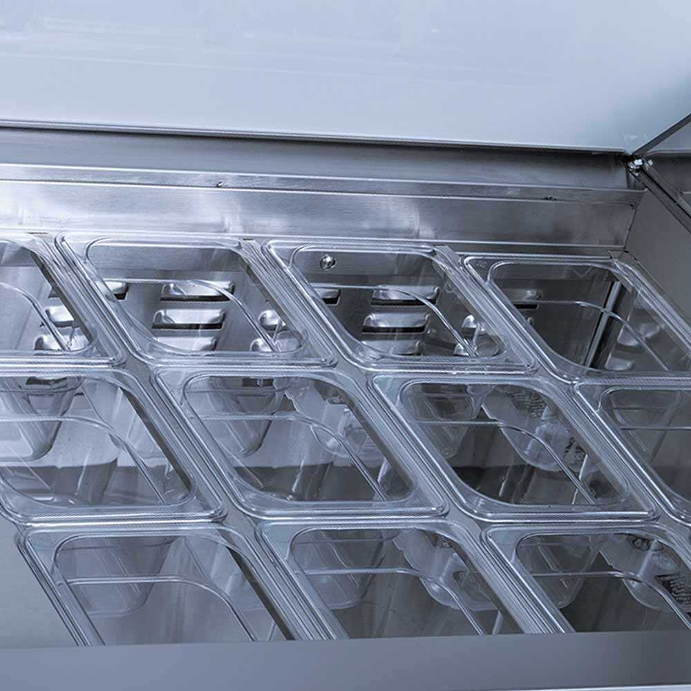 Coldline SMP72 72-inch mega top refrigerated sandwich prep table with cutting board and food pans. Ideal for large kitchens, allowing efficient storage of fresh ingredients and fast sandwich preparation.