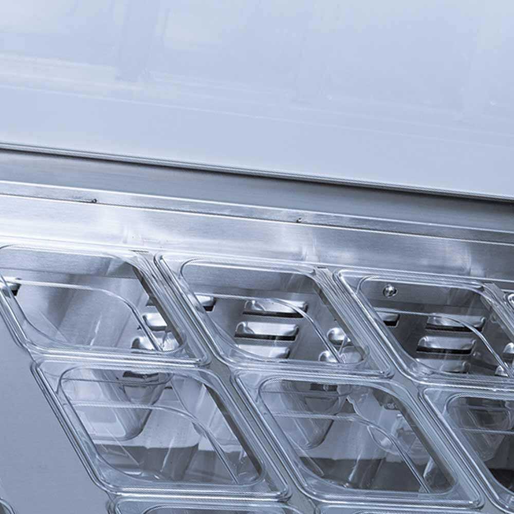 Coldline SP27 27-inch refrigerated sandwich prep table with a cutting board and food pans. Ideal for foodservice, it features a spacious top for easy prep and storage, enhancing efficiency in sandwich preparation.