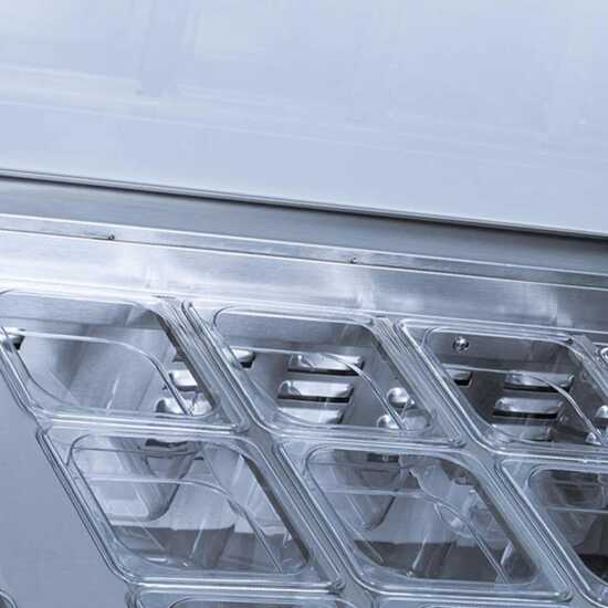 Coldline SP72 72-inch refrigerated sandwich prep table featuring a cutting board and food pans. Ideal for restaurant kitchens to store ingredients at safe temperatures and prep sandwiches efficiently.