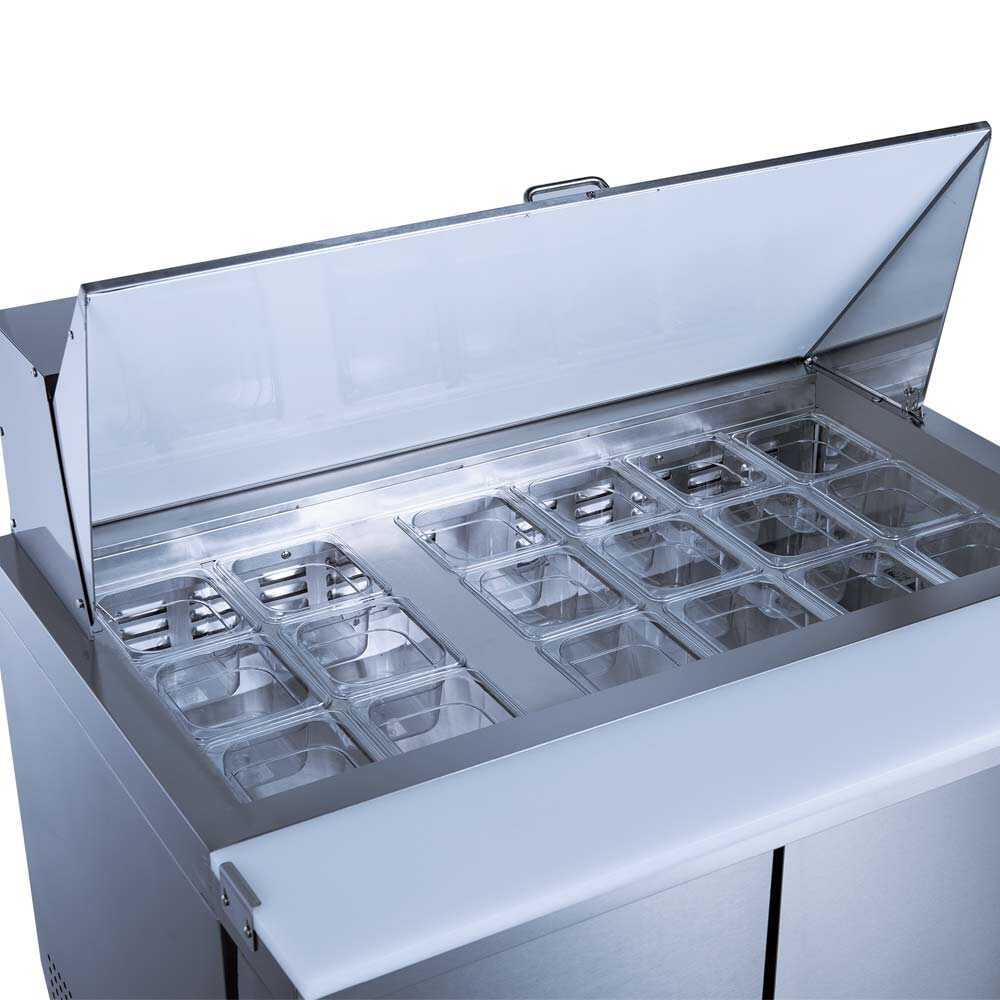 Coldline SMP48 48-inch mega top refrigerated sandwich prep table with cutting board and food pans. Perfect for storing ingredients, keeping them fresh, and efficiently preparing sandwiches in busy kitchens.