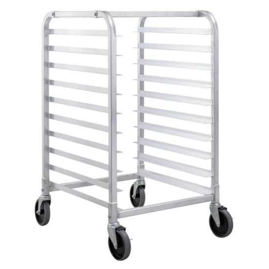Prepline SPR-10 heavy-duty aluminum steam table and bun pan rack with 10 tiers, designed for efficient food storage and organization in commercial kitchens.