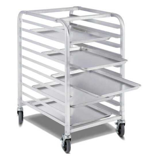 Prepline SPR-10 heavy-duty aluminum steam table and bun pan rack with 10 tiers, designed for efficient food storage and organization in commercial kitchens.