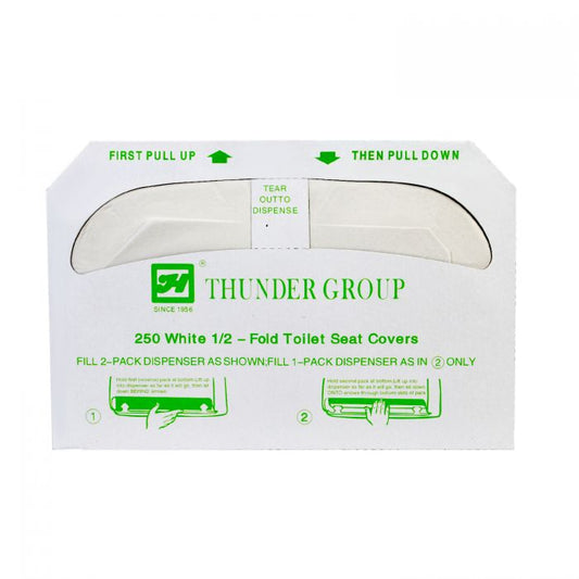 Thunder Group Half Fold Paper Toilet Seat Covers is a perfect companion to you and create a protective barrier and keeps your customers comfortable. This piece is conveniently folded in half to allow your staff to easily refill your facility's toilet seat cover dispensers. An economical addition to any commercial establishment, this paper toilet seat cover pack contains 250 sheets.