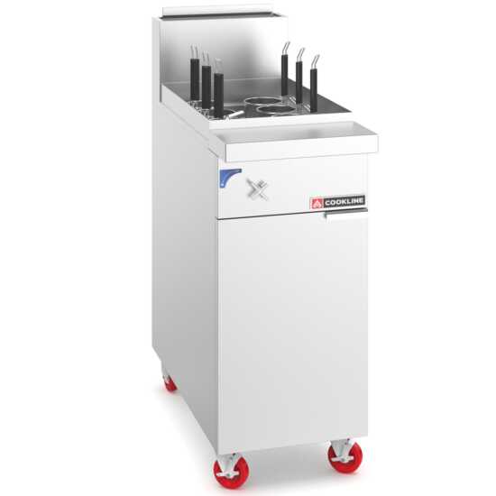 Cookline PC-1-NG Natural Gas Pasta Cooker with a 12-gallon capacity, ideal for commercial kitchens, designed for efficient cooking and easy handling of large batches of pasta.