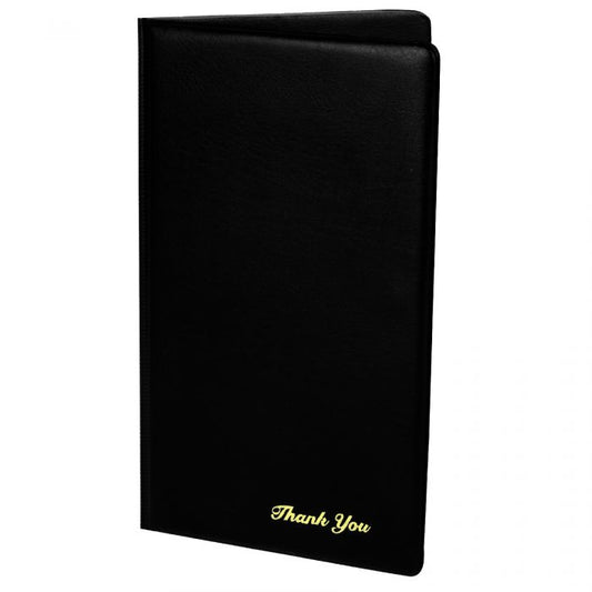 Thunder Group Check Presentation Cover is designed to bring a refined and professional touch to the customer billing experience in restaurants, cafes, and hospitality venues. With dimensions of 5 3/4" x 9 1/2", this double-panel holder offers ample space to securely organize checks, cards, and payment slips. Crafted in a classic black finish, it features a gold imprinted "Thank You" on the front cover—adding a polite, polished detail that enhances guest interaction. 