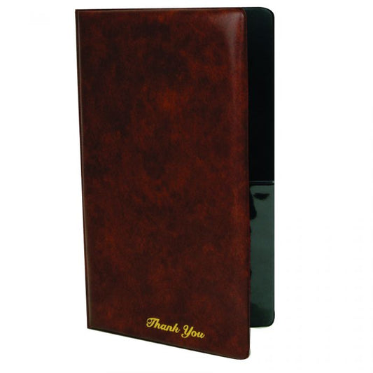 Thunder Group Check Presentation Cover is designed to bring a refined and professional touch to the customer billing experience in restaurants, cafes, and hospitality venues. With dimensions of 5 3/4" x 9 1/2", this double-panel holder offers ample space to securely organize checks, cards, and payment slips. Crafted in a classic brown finish, it features a gold imprinted "Thank You" on the front cover—adding a polite, polished detail that enhances guest interaction.