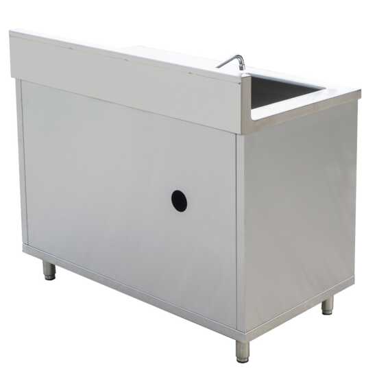 A versatile 24"D x 48"L stainless steel work table featuring an enclosed base with a sink and sliding doors, perfect for commercial kitchens, food prep areas, and efficient workspace organization.