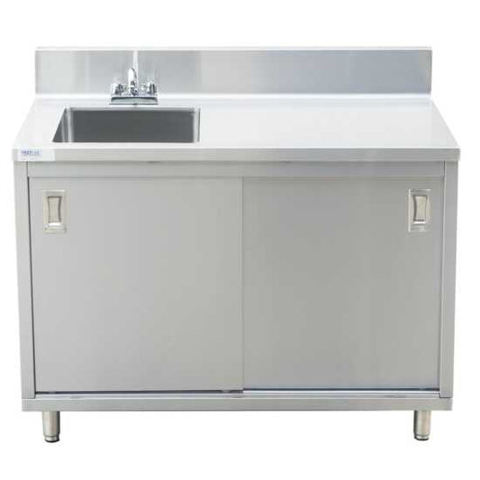 A versatile 24"D x 48"L stainless steel work table featuring an enclosed base with a sink and sliding doors, perfect for commercial kitchens, food prep areas, and efficient workspace organization.