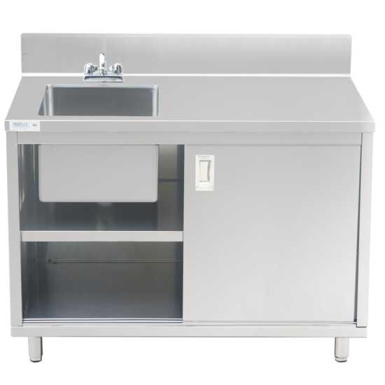 A versatile 24"D x 48"L stainless steel work table featuring an enclosed base with a sink and sliding doors, perfect for commercial kitchens, food prep areas, and efficient workspace organization.