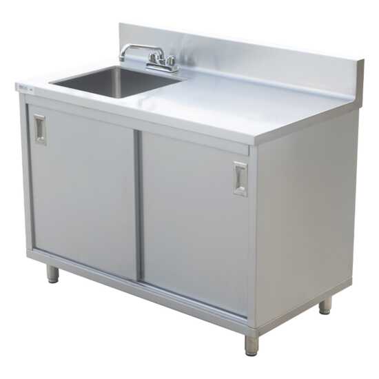 A versatile 24"D x 48"L stainless steel work table featuring an enclosed base with a sink and sliding doors, perfect for commercial kitchens, food prep areas, and efficient workspace organization.
