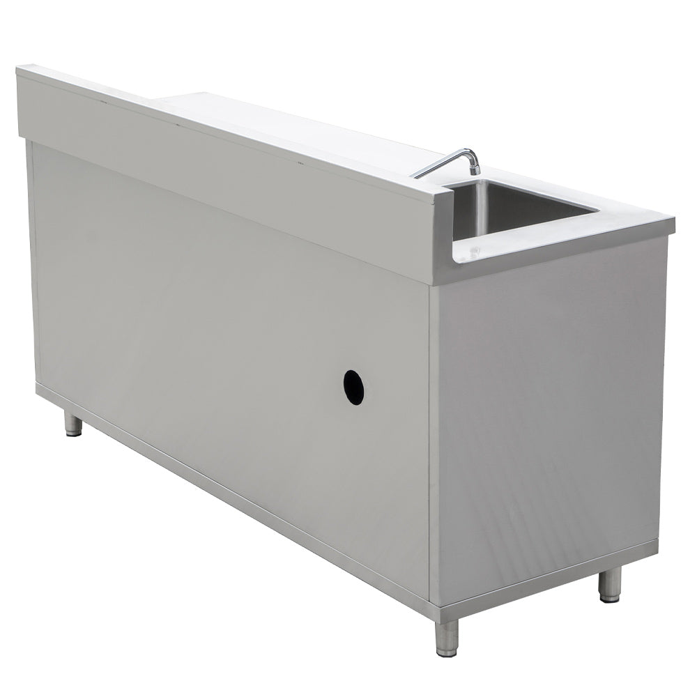 "Stainless steel work table with sink, 24"D x 72"L, featuring an enclosed base and sliding doors, ideal for food prep, cleaning, and efficient workspace organization in commercial kitchens."